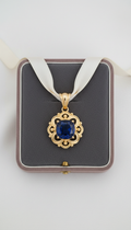 Sapphire Gold Pendant on Silk Ribbon