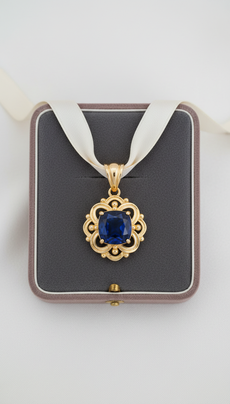Sapphire Gold Pendant on Silk Ribbon