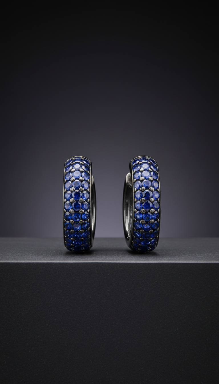 Sapphire oxidized silver hoop earrings