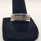 Silver ring on a black stand against a white background